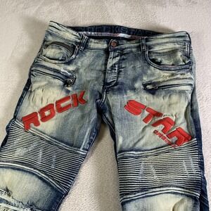 Rockstar Moto Jeans Mens 34x33 Light Wash Blue Skinny Distressed RSM 2140RT